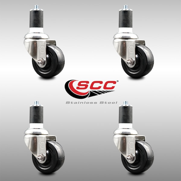 3 Inch 316SS Hard Rubber Wheel Swivel 1-7/8 Inch Expanding Stem Caster Set SCC